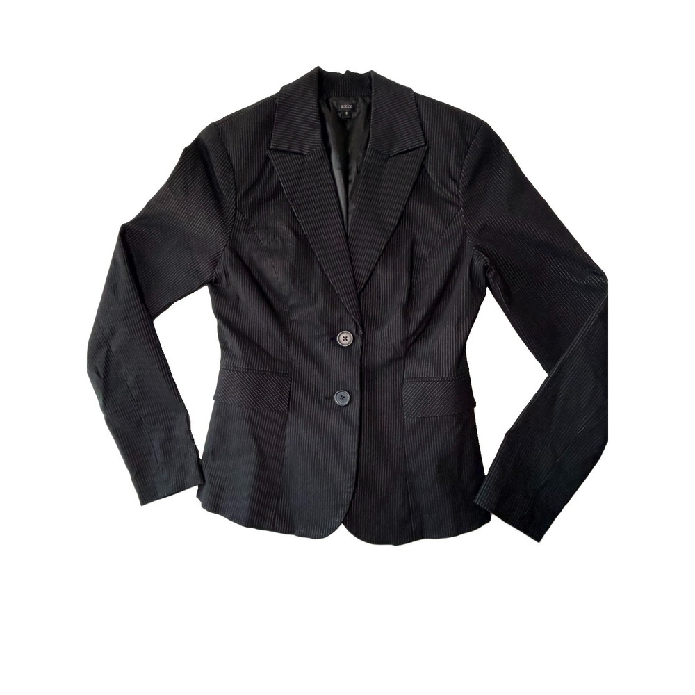 Aziz Women's Black Pinstripe Blazer Size S Fitted 2 Button Career Jacket